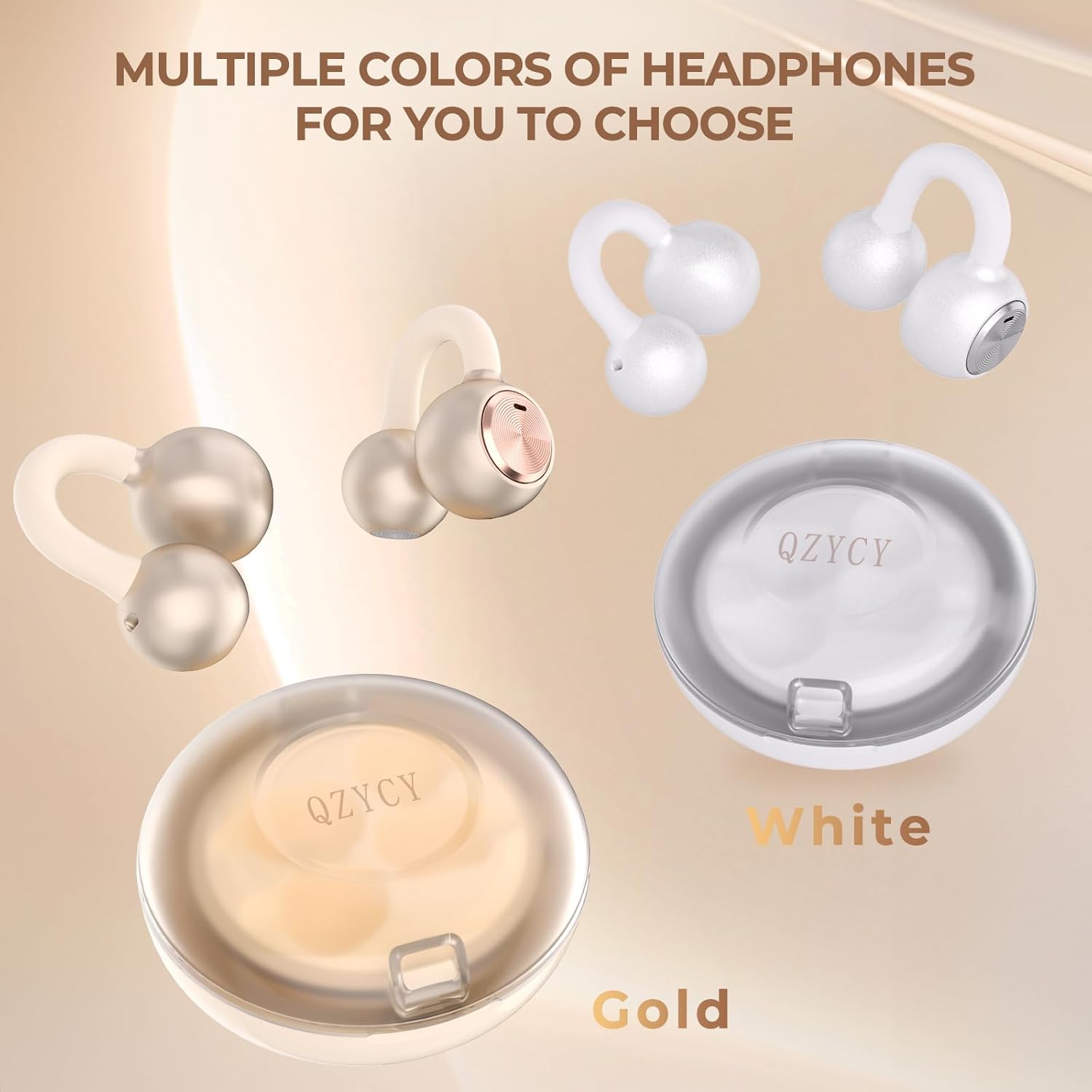 QZYCY Clip On Earbuds Open Ear Headphones - No Hurt Ears, Wireless 5.4 Earphone with Mic, 40H Playtime, Premium Audio, Charging Case Lighting Effects, for Office, Sports, Gold - DL3 - Image 9