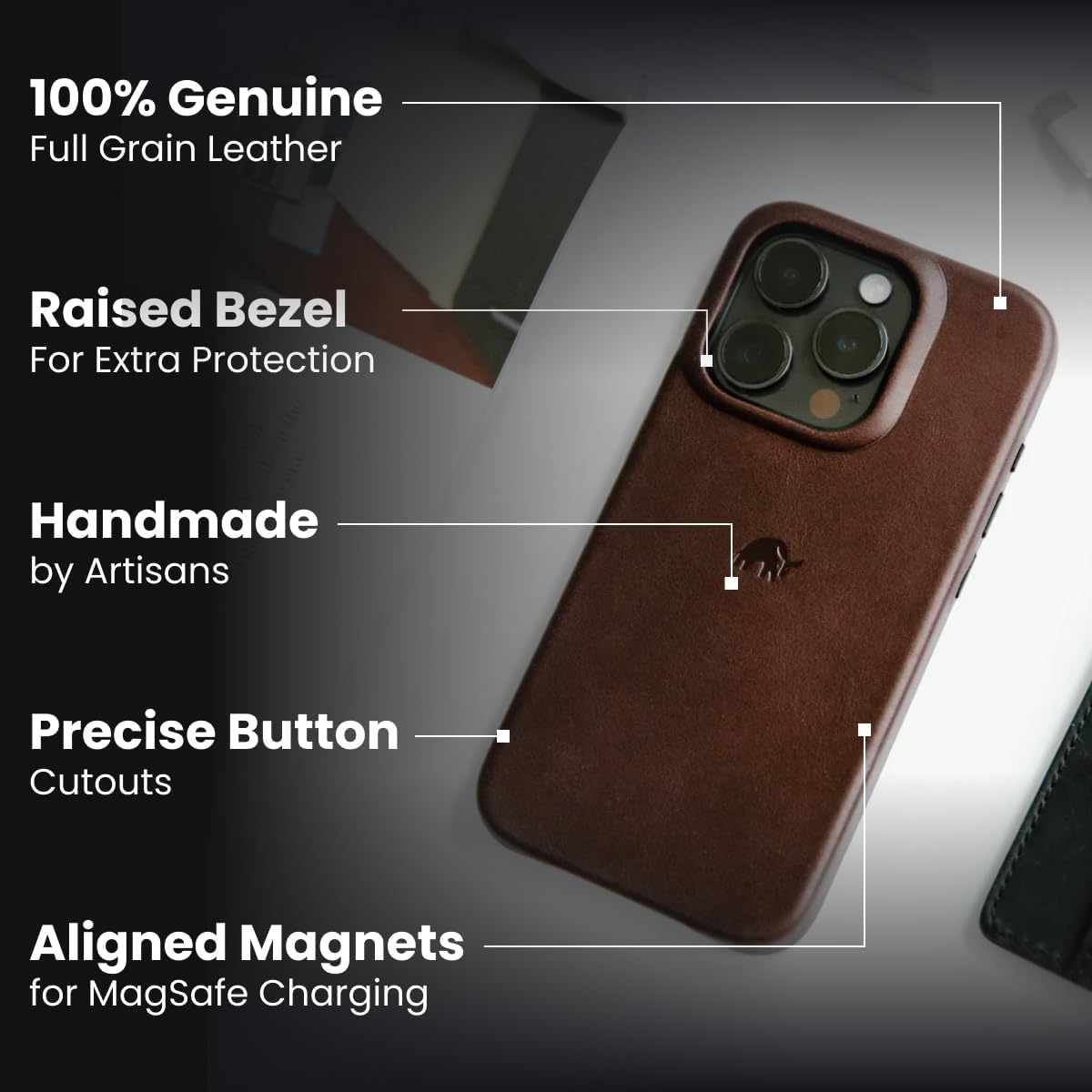 Bullstrap Minimalist Open Bottom Handcrafted Leather Case for iPhone 15 Pro Max | MagSafe Compatible Premium Full-Grain iPhone 15 Pro Max Leather Case w/Beautiful & Unique Patina | Terra