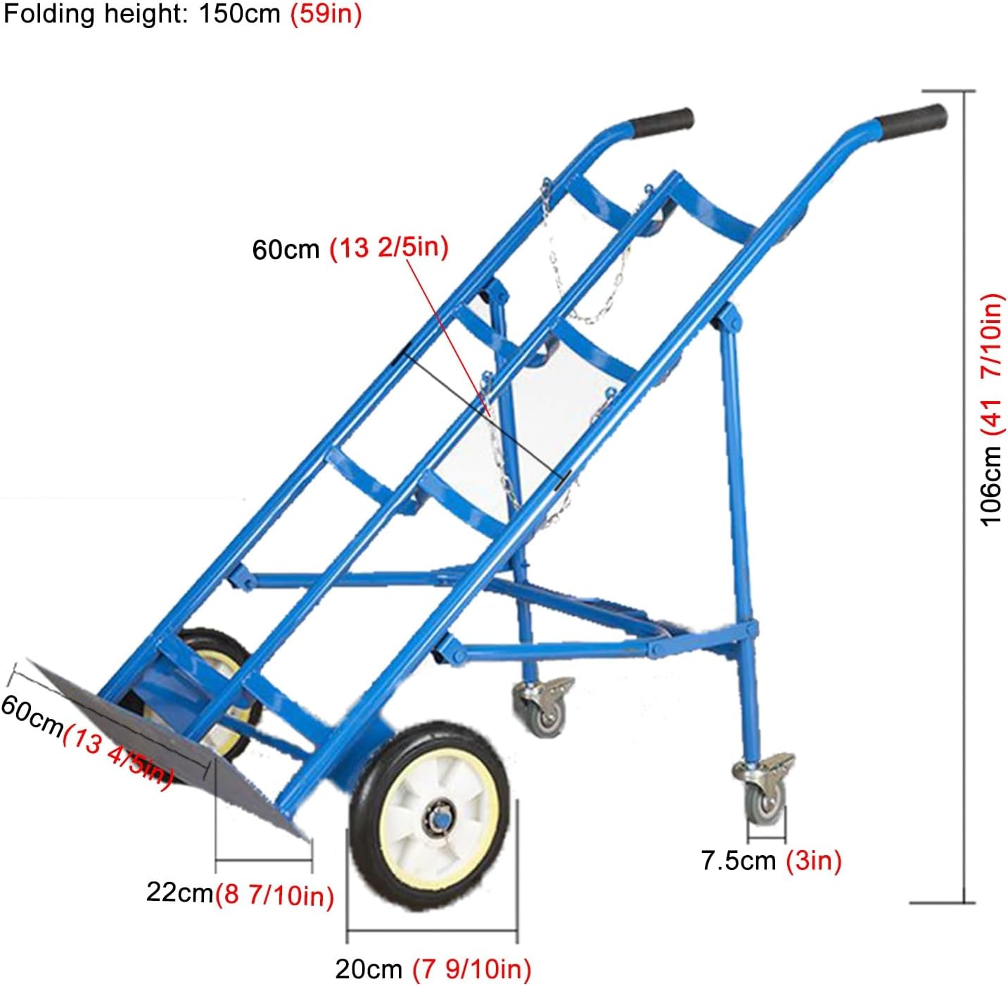LZMZMQ Foldable Dual Cylinder Holder Cart on Wheels, Commercial Mobile Steel Nitrogen Trolley, Heavy Duty Floor Oxygen Cylinder Rack Stand for Hospitals Factory Laboratory(Height 106cm)
