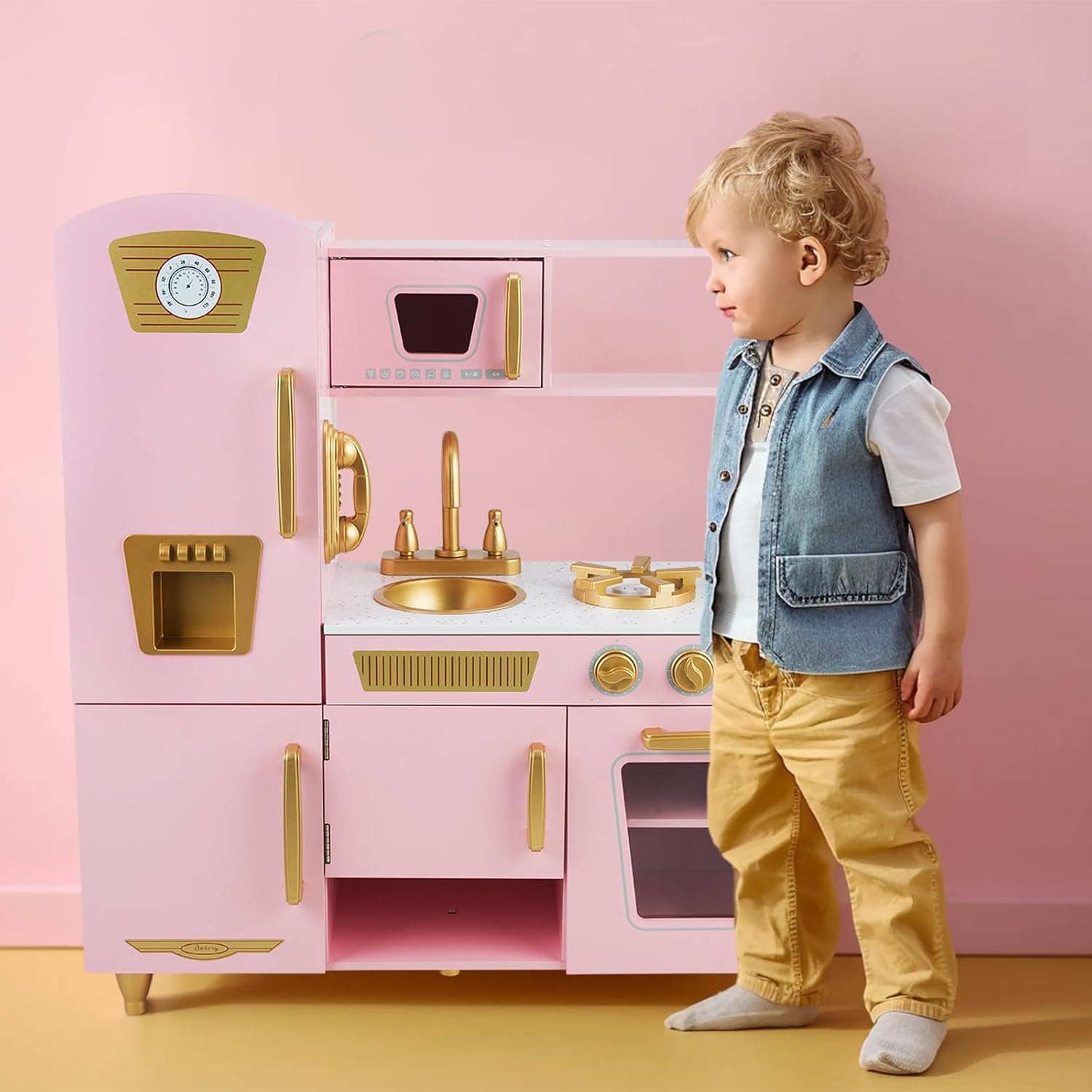 Cucina in Legno per Bambini con Lavello, Forno e Accessori - Giocattolo dai 3 Anni in Su (Oro Rosa)