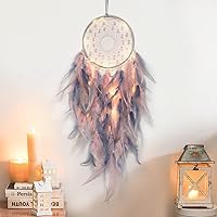 KHOYIME LED Light Up Dream Catcher - Handmade Boho Feather Wall Hanging, Pink & Grey for Kids Bedroom, Girls Room Decor & Gifts