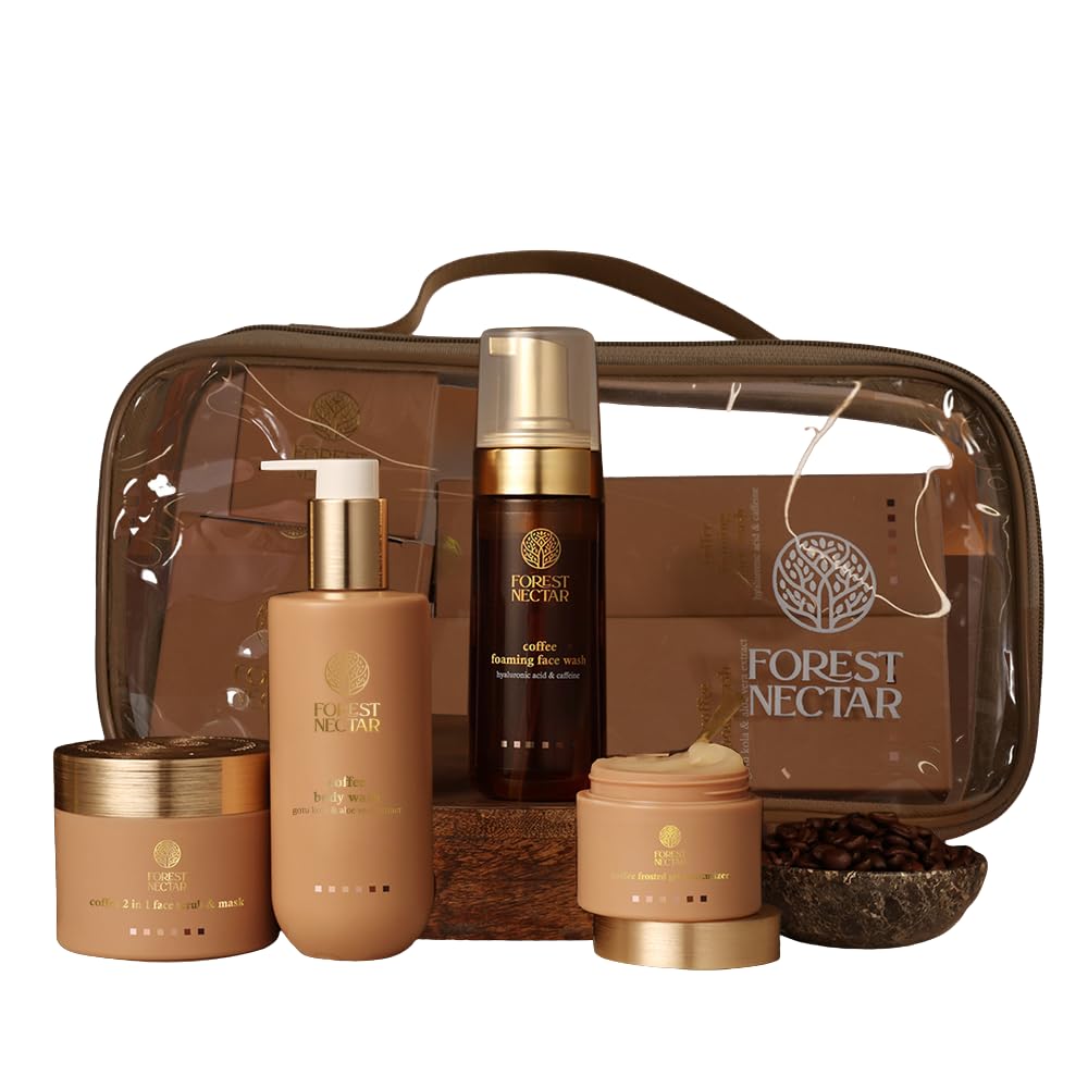 Forest Nectar Coffee Skin Care Gift Hamper Bundle, Foaming Face Wash, Body Wash, Face Scrub & Mask, Moisturiser with Travel Bag-image-37