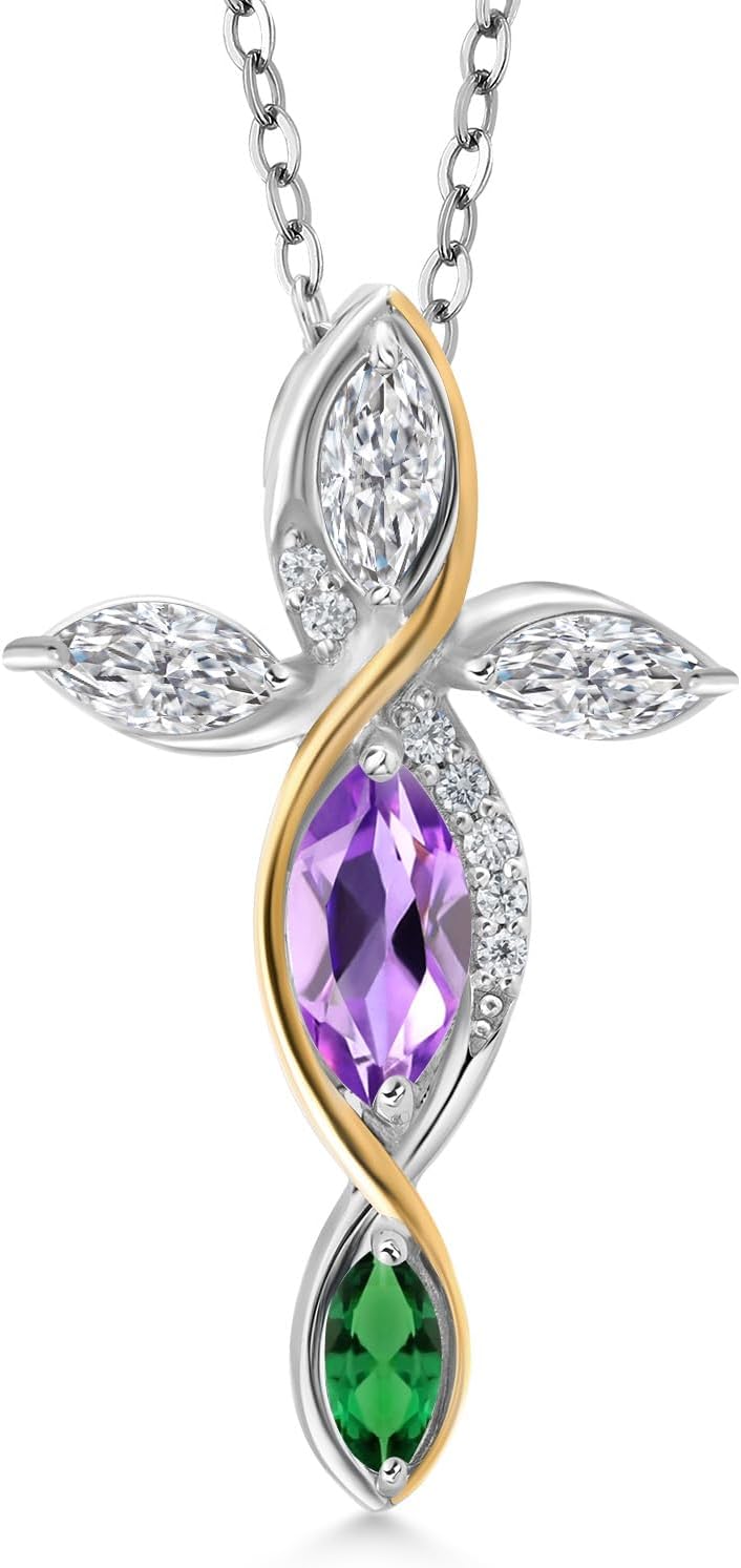 Cross Necklace For Women In 925 Silver and 10K Yellow Gold with Amethyst and Lab Grown Diamond and Nano Emerald | 1.23 Cttw | Jesus Christian Religious Crucifix | Marquise 8X4MM | With 18 Inch Chain