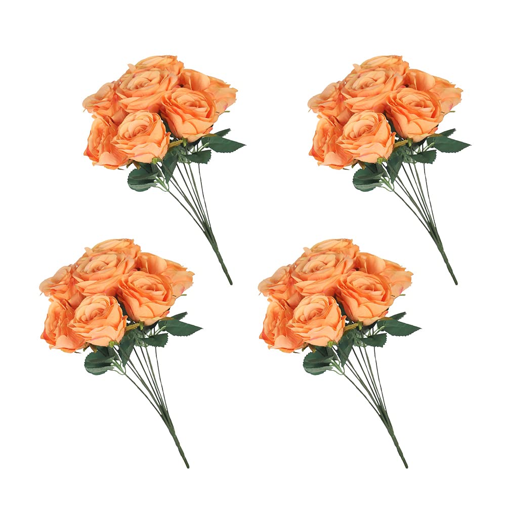 YataiPack of 4 Silk Rose Artificial Flowers For Decoration – Fake Rose For Home Wedding Party Indoor Table Decoration Items Thanksgiving Holidays Ornament – Artificial Rose Flowers (Orange)