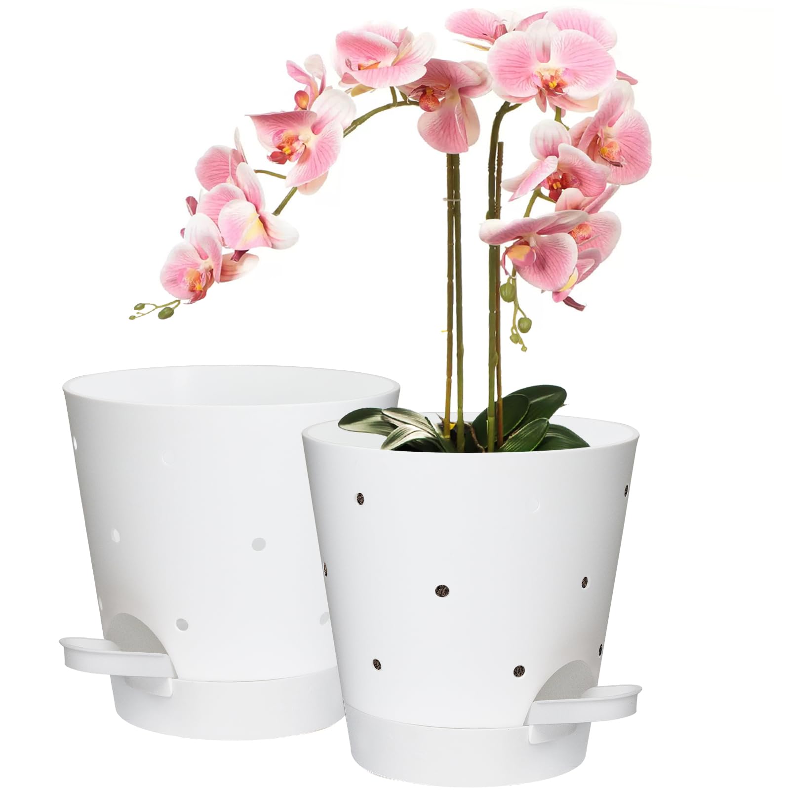 Orchid Pots with Holes, 6 Inch Self Watering Orchid Pot 2 Pack Plastic Plant Pots for Orchid, Flower (White)