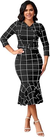 ZonJie Women Work Business Plaid Dress Casual Button Long Sleeve MIdi Dress Classy Bodycon Wedding Guest Dresses