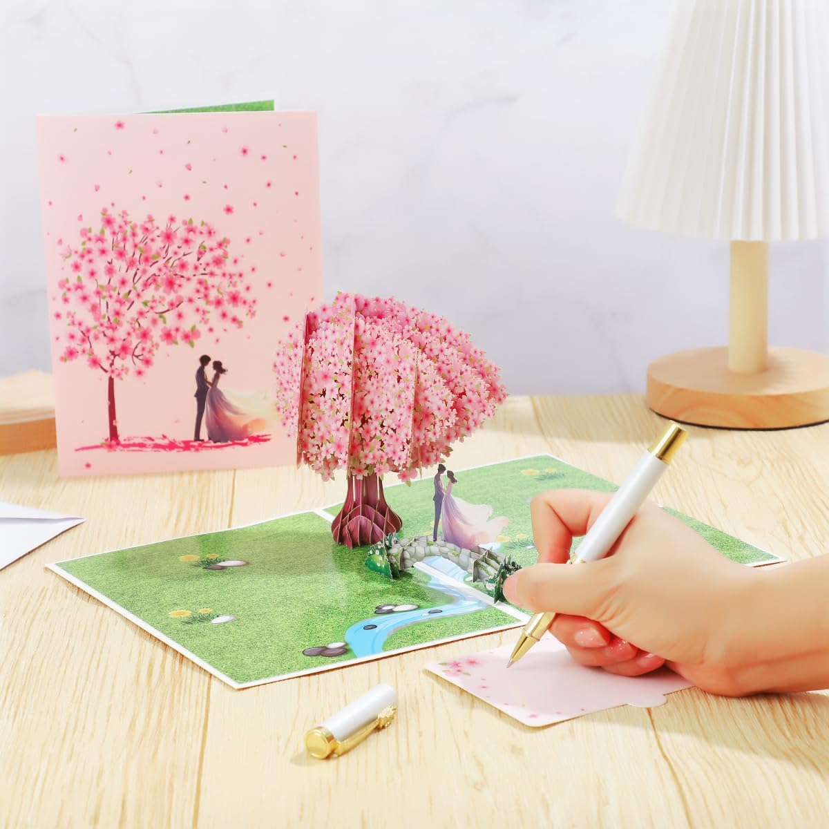 Pop Up Anniversary Card, Valentines Day Card for Wife Husband Him Her, 3D Cherry Blossom Bridge with Couple, Romantic Greeting Cards for Valentines, Anniversary, Birthday, Wedding, 6x8 inch - Image 3