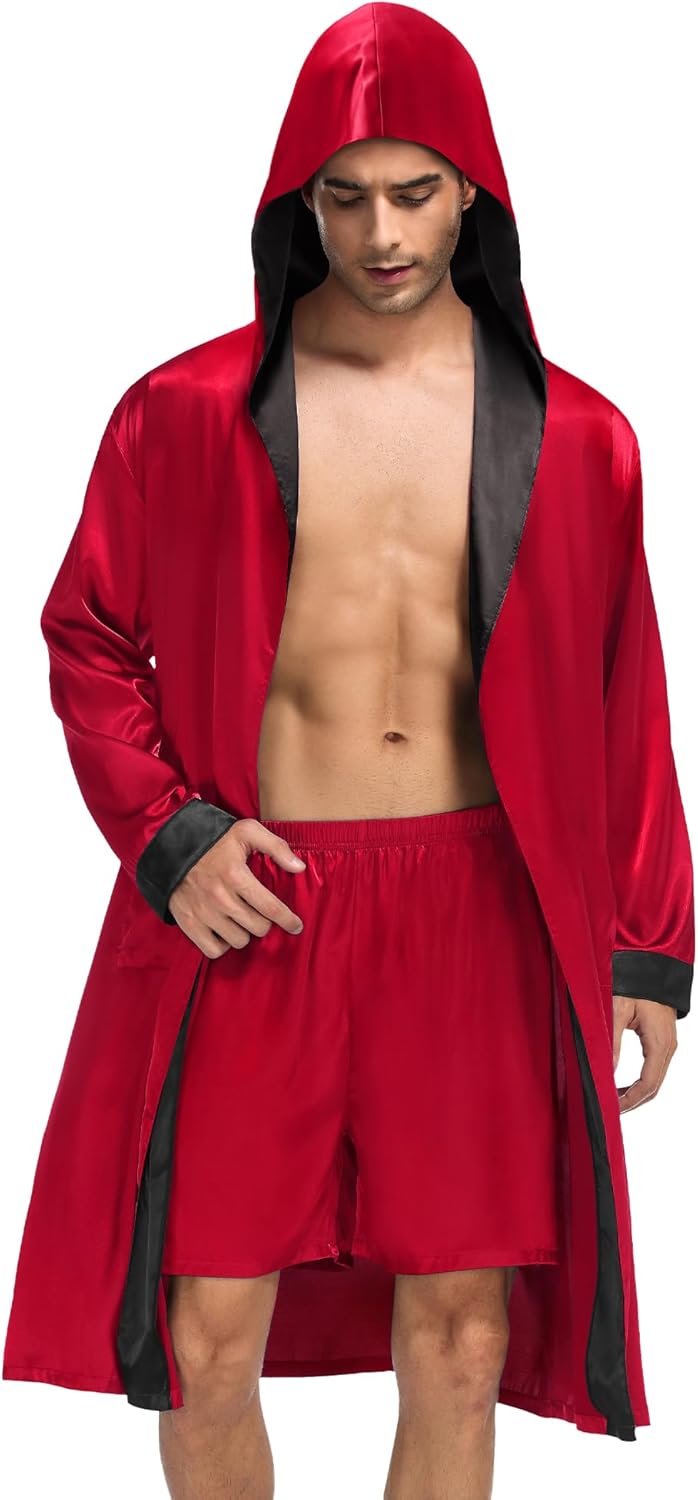 SWOMOG Mens Hooded Robe Satin Bathrobe with Shorts Set Silky Kimono Robe with Hood