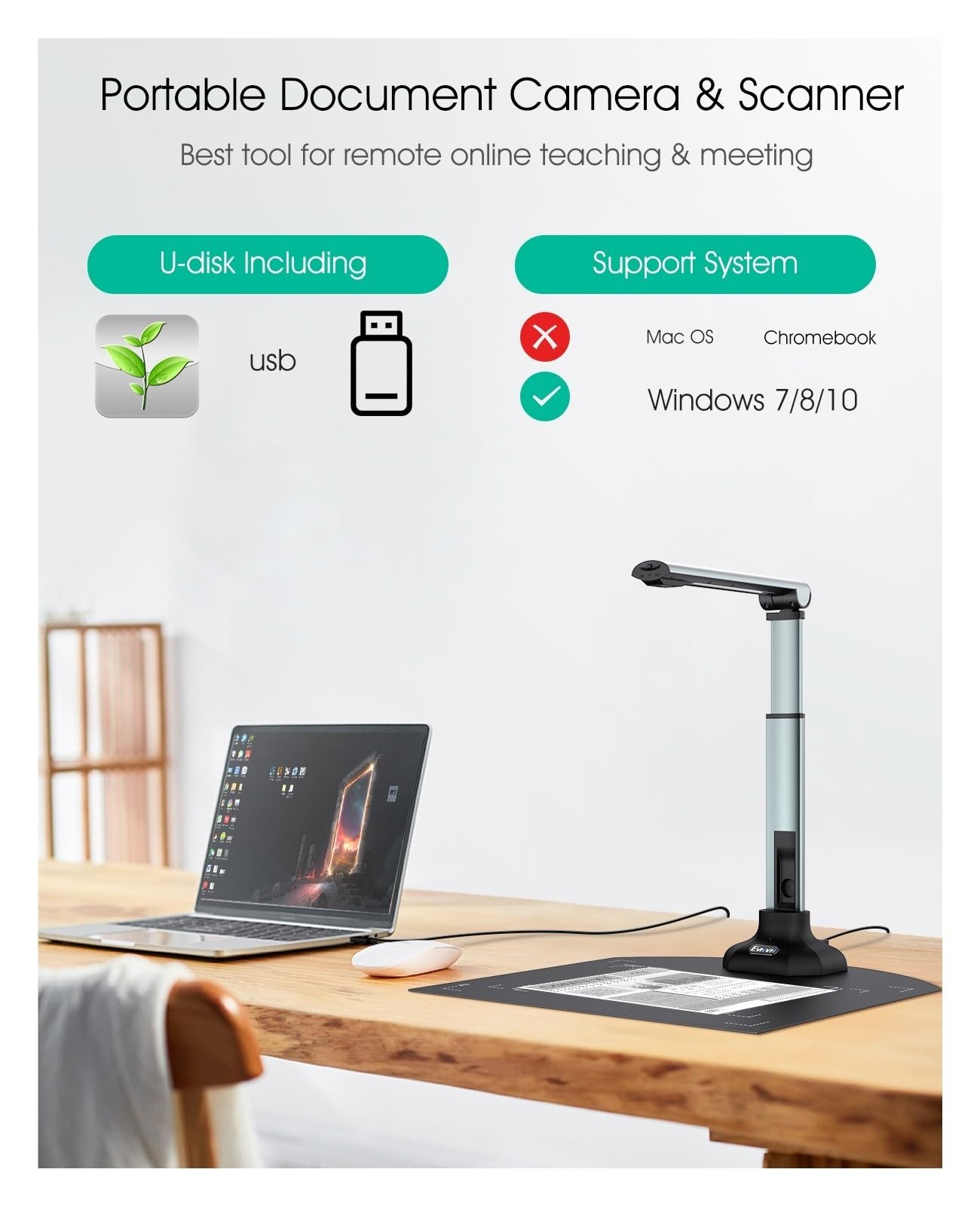Przenośny skaner, Kamera dokumentacyjna USB 12MP dla nauczycieli Laptop rozmiar A3/A4 przenośny skaner dokumentów książkowych z podstawką przedłużającą OCR Zoom narzędzie do malowania