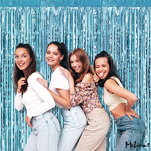 Image of 4 Pack Fringe Curtain Backdrop, 3.2Ft x 9.8Ft Light Blue Metallic Tinsel Foil Fringe Streamers Background for Photo Booth Birthday Wedding Baby Shower Easter Pool Ocean Underwater Party Decorations