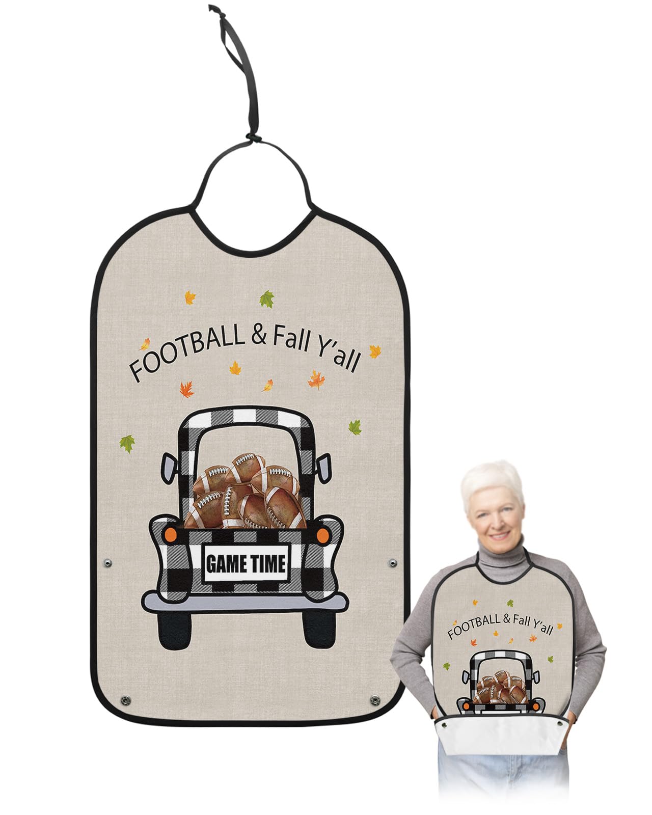 Thanksgiving Football Truck Adult Bibs for Eating, Waterproof Bibs with Food Catcher & Adjustable Snap Closure, Fall Maple Leaf Burlap Washable Clothing Protectors Adult Bibs for Elderly Women/Men