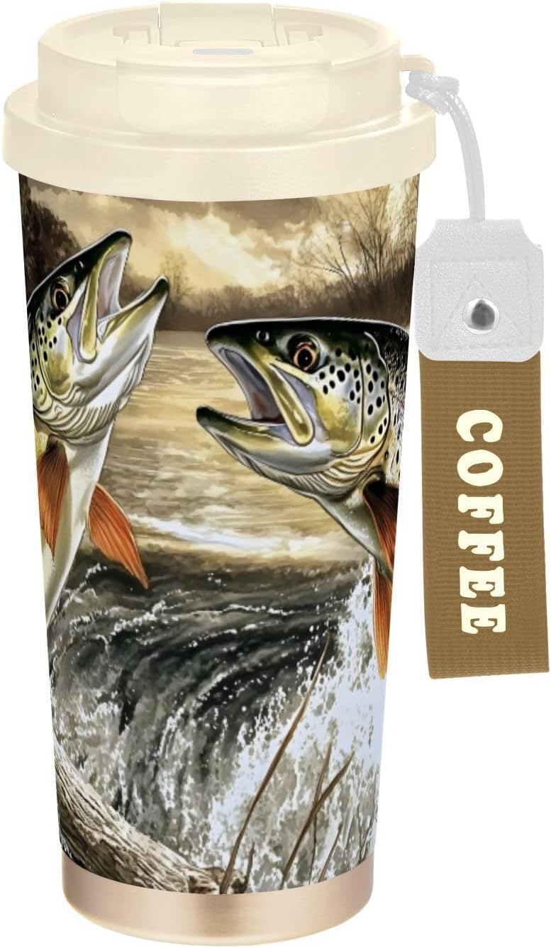Trouts Jump Water Insulated Coffee Mug with Straw & Flip Lid, 16.9oz Iced Tumbler Cup, Double Wall Vacuum Leak-Proof Mug for Travel Office