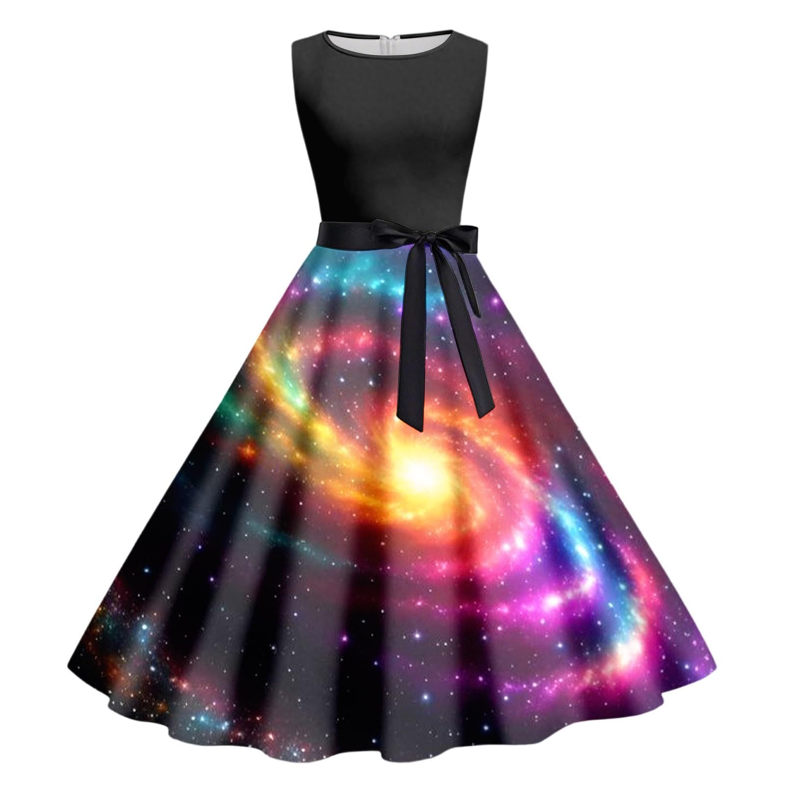 Zanisouta Galaxy Costume Women's Colourful Cocktail Dress Galaxy Dress Long Space Planets Round Neck Swing Skirt Carnival Starry Sky Short Sleeve Dress Space Digital Print Glitter Dress, Q Black, XXL
