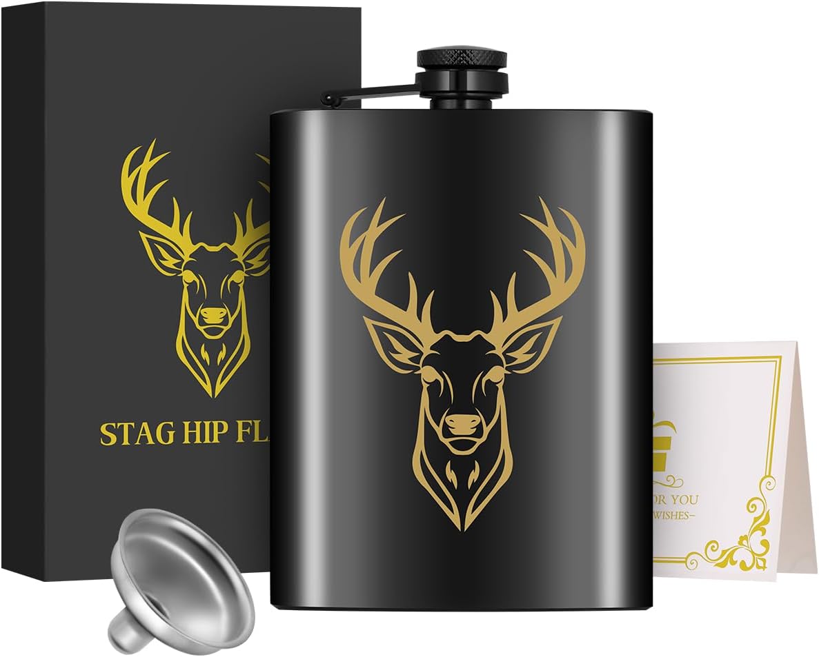 1pcs 8Oz Stainless Steel Hip Flask with Funnel and Greeting Card Gift Box, Golden Deer Head Pattern Personalised Flask Alcohol, Perfect for Camping, Hiking, and Outdoor Activities,Black