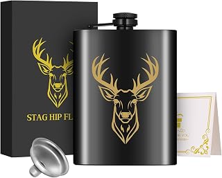 1pcs 8Oz Stainless Steel Hip Flask with Funnel and Greeting Card Gift Box, Golden Deer Head Pattern Personalised Flask Alcohol, Perfect for Camping, Hiking, and Outdoor Activities,Black