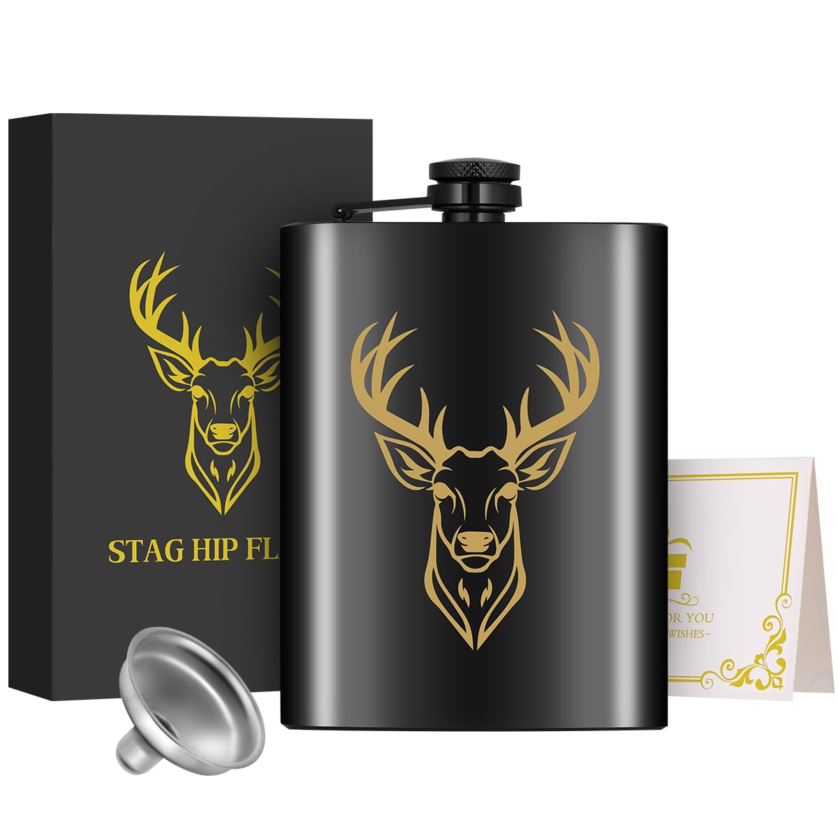 1pcs 8Oz Stainless Steel Hip Flask, Pocket Flask, with Funnel and Greeting Card Gift Box, Golden Deer Head Pattern Personalised Flask Alcohol, Perfect for Camping, Hiking, and Outdoor Activities,Black