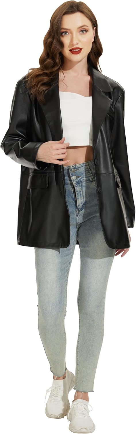 Fahsyee Women's Faux Leather Blazer Jackets, Motorcycle Oversized Moto Biker Coat Vegan Pleather Fashion - Image 2