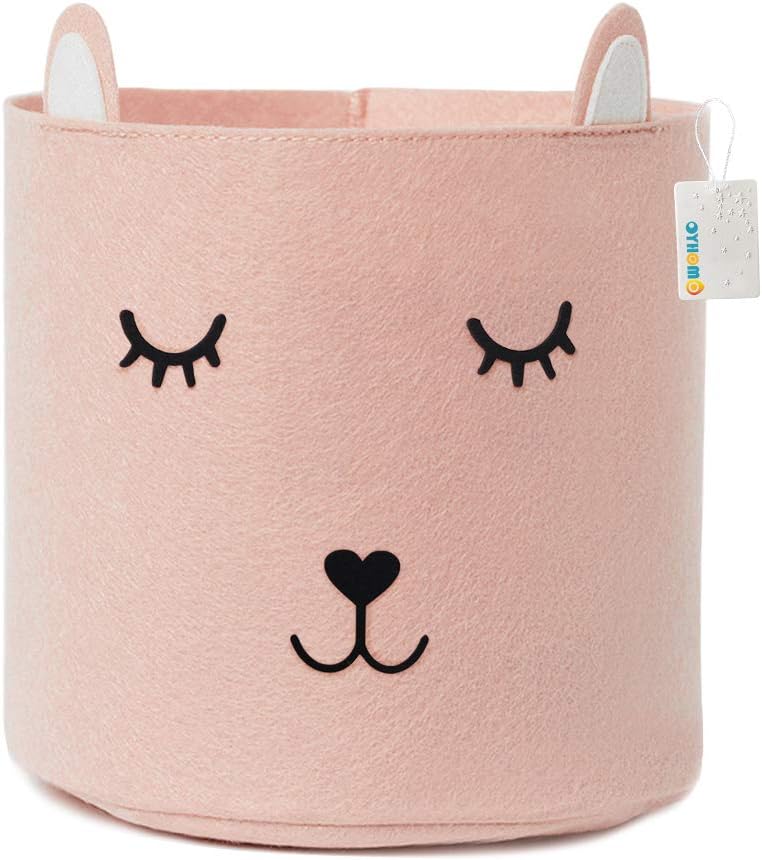 OYHOMOFelt Laundry Basket Collapsible Children's Storage Basket Nursery Storage Bin Cute Cat Hamper for Kids Toys, Clothes, Towels - Pink