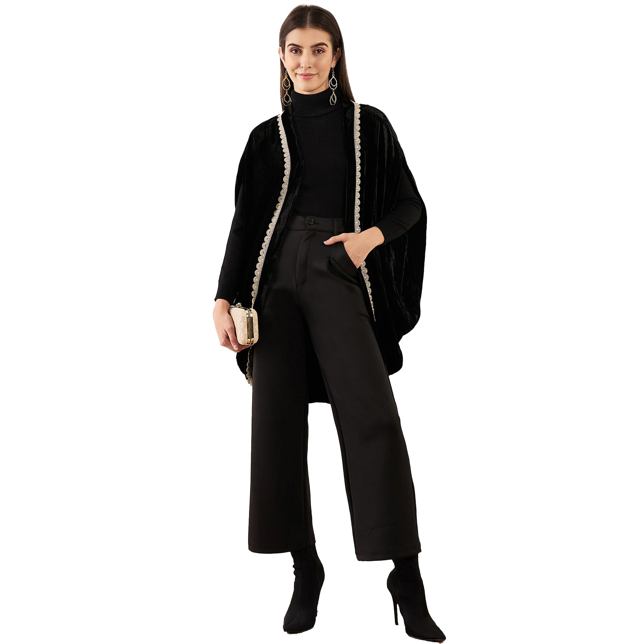 Black Silk Velvet Cape with Embroidered Motif (3X-Large)-image-41