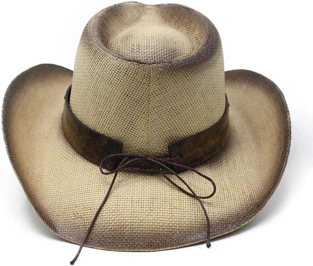 Western Cowboy Hat, White Straw with Brown Leather Band, Longhorn Buckle
