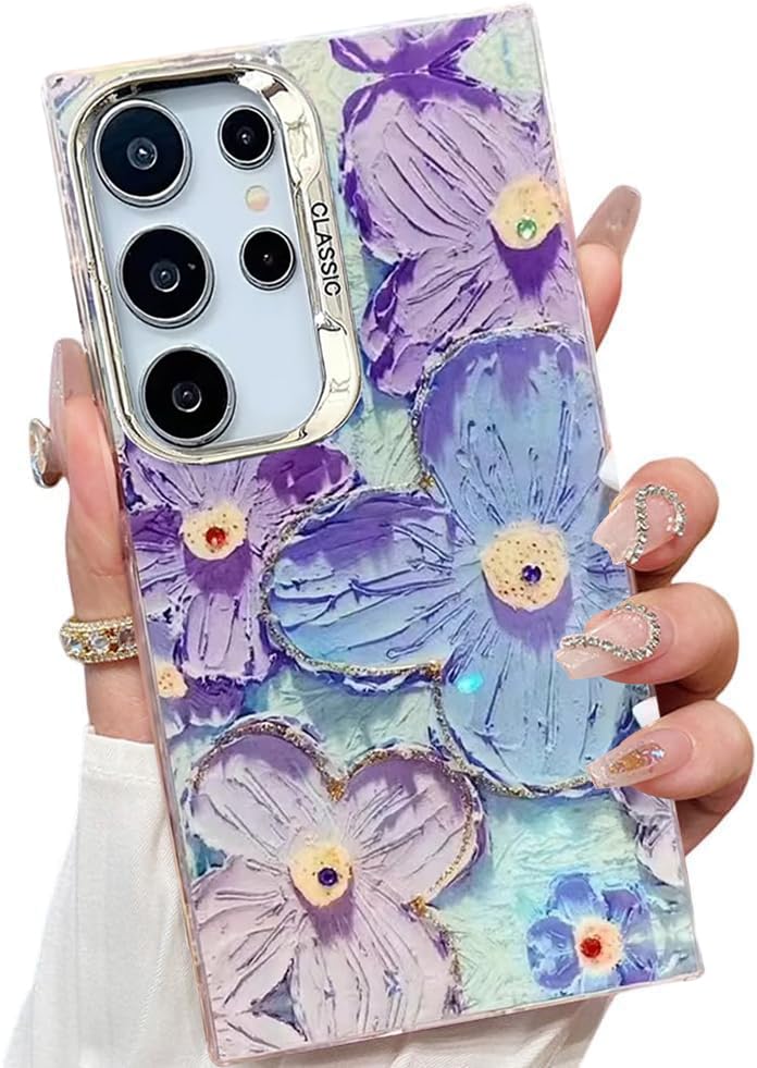 Image of Elzzi Compatible with Samsung S25 Ultra 5G Case Laser Flower Oil Painting Cute Colorful Blue Ray Bumper with Full Camera Protection Shockproof PC+TPU Glossy Shiny Cover for Girls Women,Green