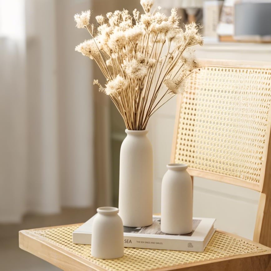 Ceramic Vase Set-3, Small Flower Vases for Decor, Modern Boho Farmhouse Style, Decorative Vases for Pampas Grass & Dried Flowers, Distressed Finish (Beige) - Image 2