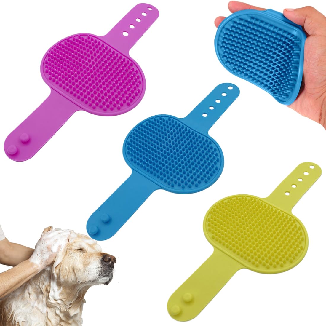 Set de 3 Cepillo de Cuidado de Perros, Epillos de Baño de Silicona para Perros y Gatos, para Mascotas cepillos de baño con Correa Ajustable Mango de Goma Cepillo de Ducha Cepillo de Masaje (3 colores)