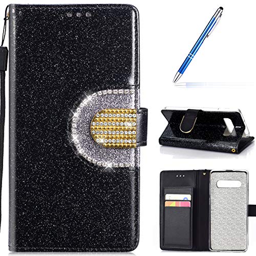Robinsoni Case Compatible with Samsung Galaxy S10 Phone Case Wallet PU Leather Phone Cover Book Style Cover Kickstand Case Folio Flip Phone Cover Shockproof Heavy Duty Case Sparkle Bling Case Black