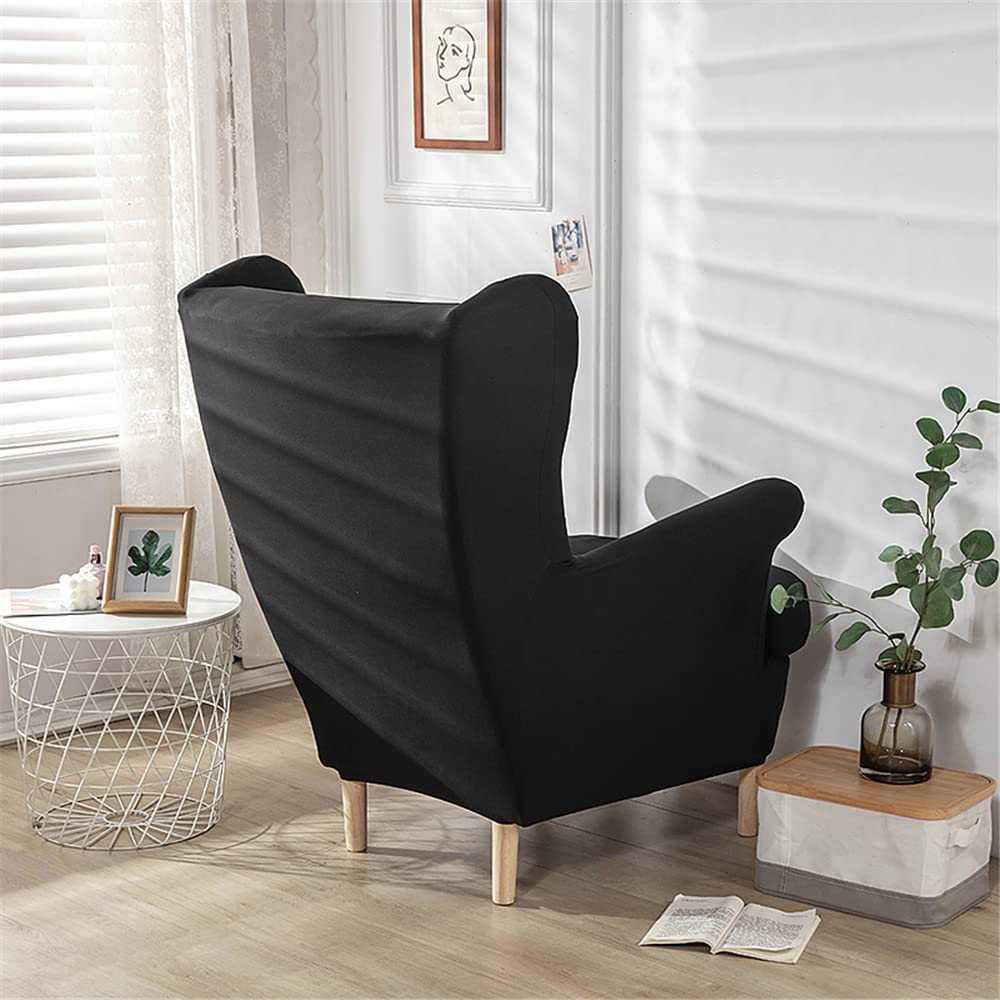 Ohrensessel Bezug Set 2-teilig, Stretch Sesselüberzug aus Spandex, elastischer Ohrensesselbezug, moderner und waschbarer Möbelschutz für Wohnzimmer Schlafzimmer Schwarz Einheitsgröße