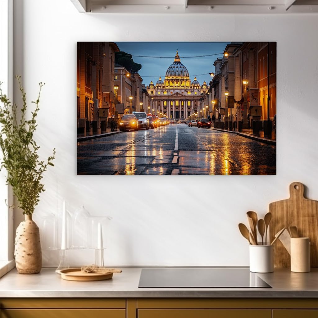 Canvas for Living room. Midnight Serenity Reflections on Rome's Rain-kissed Streets, 27 x 18 inch Canvas Wall Art - Contemporary Masterpieces - Modern Home Decor - 69x46 cm (27x18 inch)