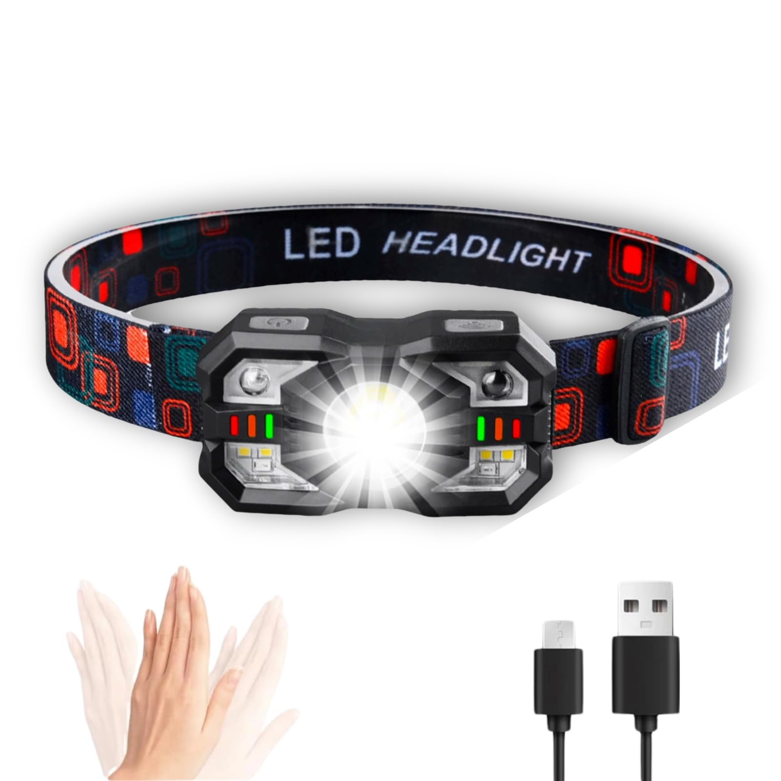 Wiederaufladbare Stirnlampe mit Bewegungsmelder, 5 Lichtmodi, USB-C Schnellladung - Verstellbares Kopfband für Outdoor-Wandern, Nachtangeln, Camping, Freihändige Beleuchtung