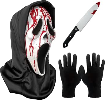 Ulikey Disfraz Ghostface Completo – Bata Negra Con Capucha, Máscara, Guantes Y Cuchillo De Juguete, Para Halloween, Carnaval Y Cosplay, Tallas S, M Y L