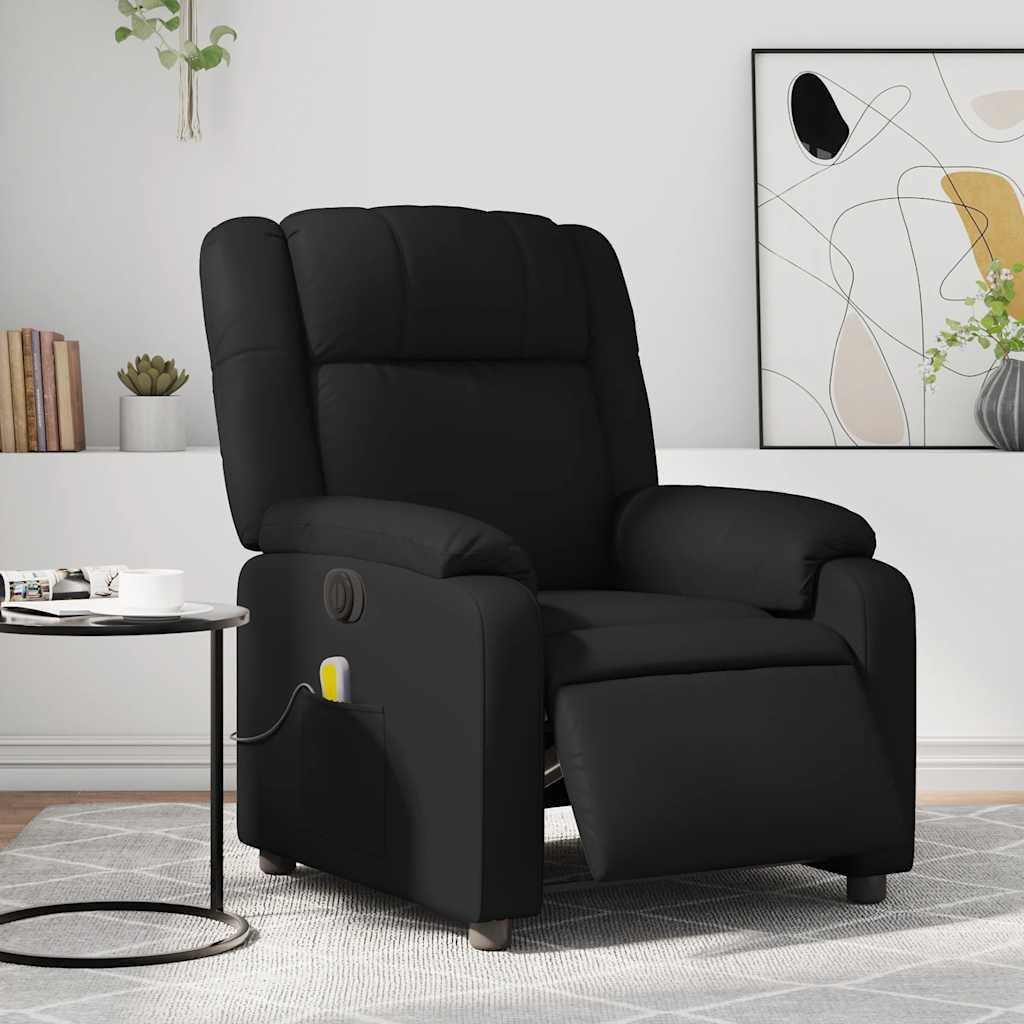 Sillón de masaje eléctrico negro de piel sintética con 6 puntos de masaje vibratorio y motor eléctrico, sillón relax con respaldo automático y reposapiés