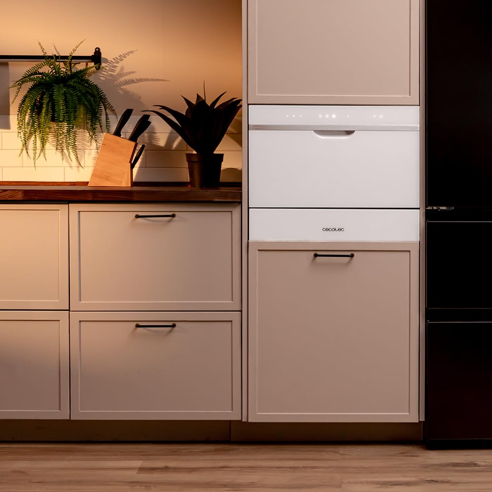 Cecotec Kompakte Teilintegrierbare Spülmaschine 6 Gedecke Bolero Aguazero 2500 S-BI Weißglas. 1380W, Weiße Glasoberfläche, Niedriger Verbrauch, 5 Programme, Touchpanel, Startzeitvorwahl