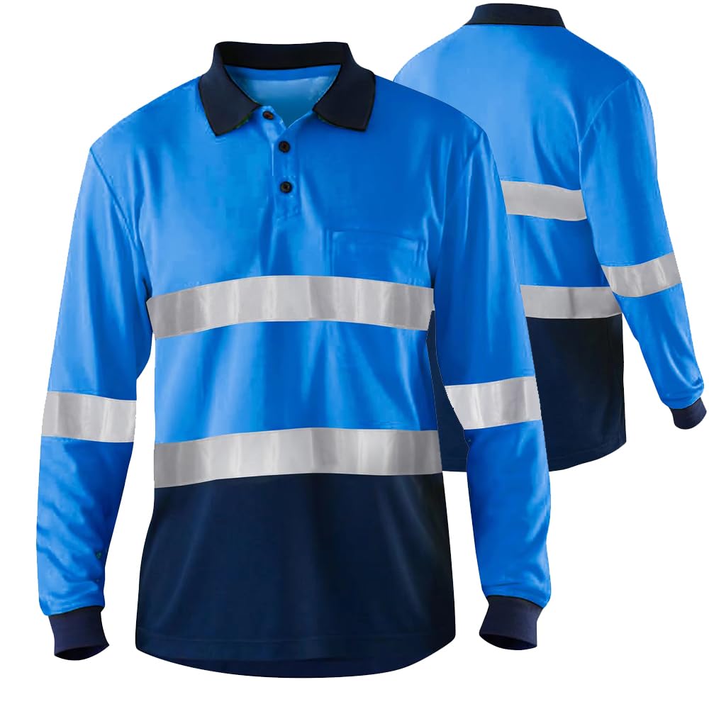 High Visibility Blue Navy Polo Shirts with Reflective Stripes Safety Shirts for Men Long Sleeve hi vis Polo Shirts Workwear