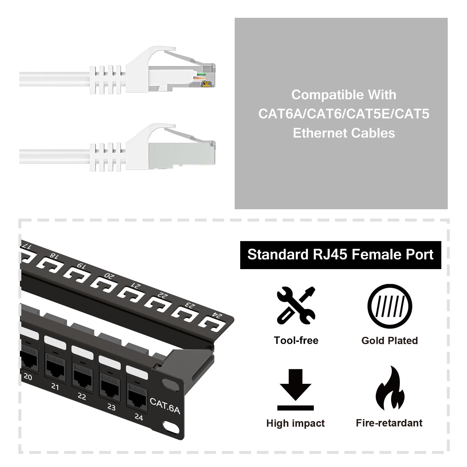 iwillink Pannello patch Cat6A da 10 Gbps a 24 porte, Keystone Patch Panel UTP da 48 cm con barra posteriore, montaggio a parete o montaggio a rack, compatibile con cablaggio Cat5, Cat5e, Cat6, Cat6A