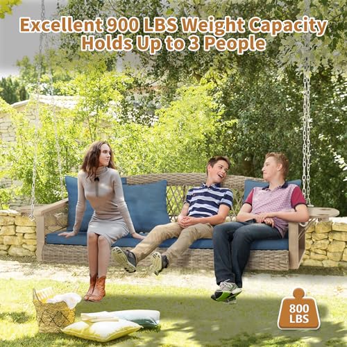 Image of HOMREST 3-Person Wicker Porch Swing with Upgraded Cup Holder, 56 Inch Patio Hanging Swing Bench Chair with Cushions, Outdoor Swing 900lbs Capacity Chains for Deck Garden Backyard (Blue)