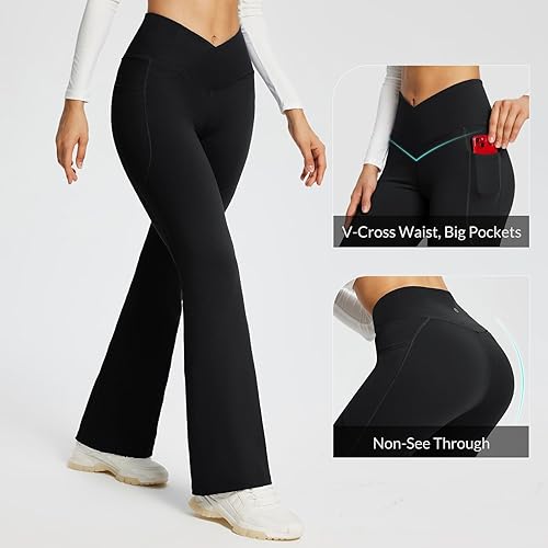 Miniatura 3 de BALEAF Leggings acampanados para mujer, pantalones de yoga cruzados a la moda, cintura alta, casuales, con bolsillos