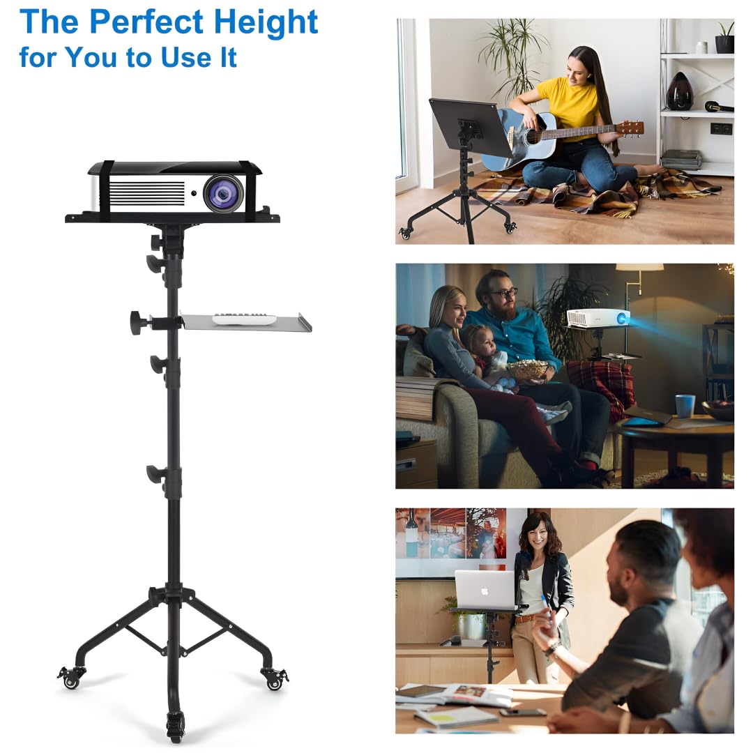 Powerpak WPH-06 4.5ft Adjustable Laptop Tripod Stand with Wheels | Heavy-Duty Projector Floor Stand with 2 Shelves for Projector Tripod Music, Office Home Portable Laptop 4