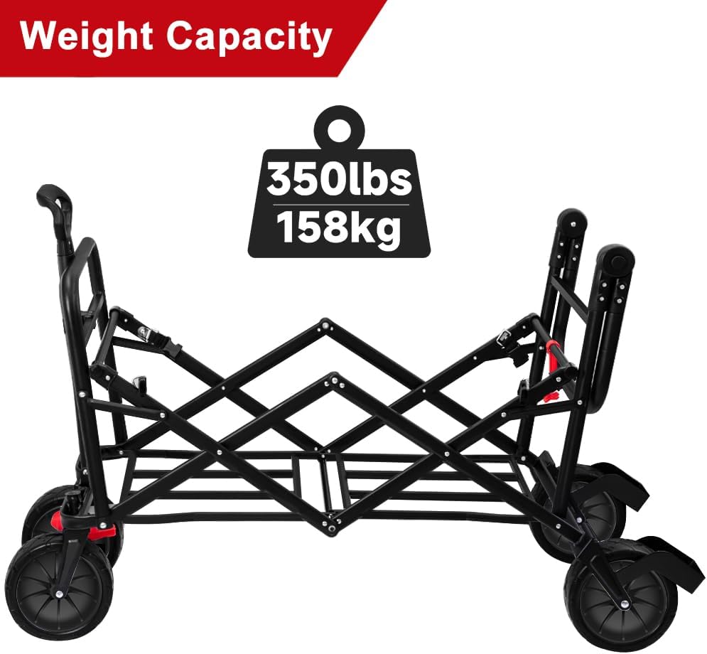 BEAU JARDIN Collapsible Foldable Push Pull Wagon 350lbs Folding All Terrain Beach Wagon Cart 100L Heavy Duty Utility Camping Grocery Wagon with Sand Wheels and Brakes Garden Sport Blue