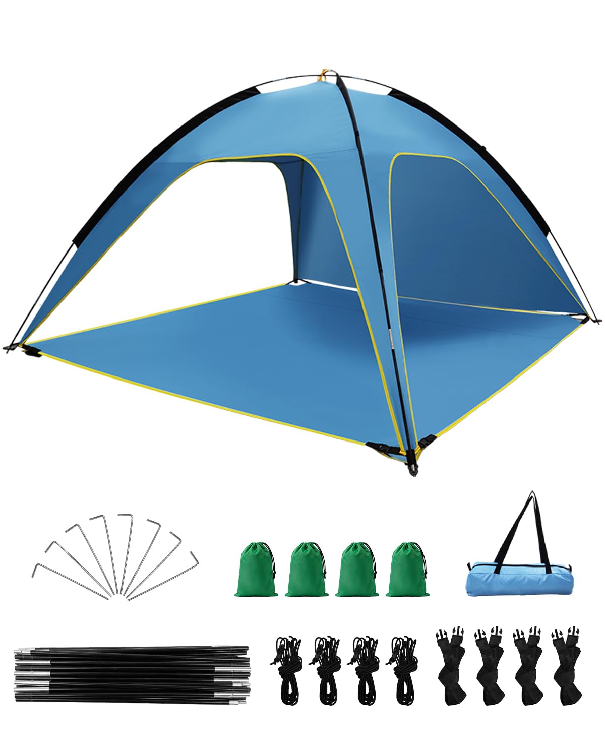 MYMULIKE UV50+ namiot plażowy, ochrona przed słońcem, 210 x 210 x 130 cm, dla 4-6 osób, poliester 190T, z drążkami z włókna szklanego 8 mm, przenośny, z workami z piaskiem / śledziami plażowymi