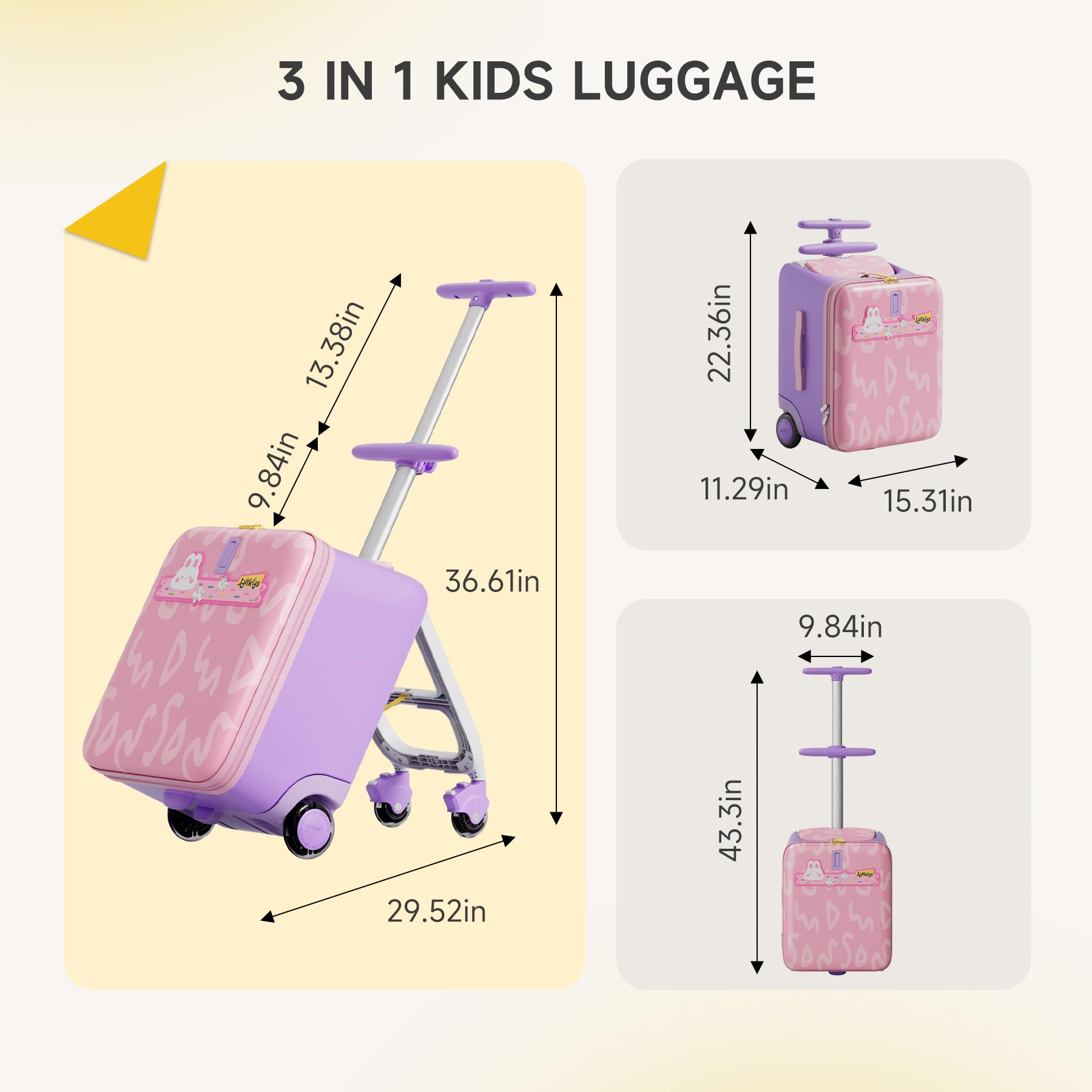 Jovikids Kinderkoffer zum Draufsitzen, 3 in 1 32L Trolley Kinder mit Teleskopstange und 4 Rollen, Reisekoffer Kinder, Faltbar und abnehmbar, mehrere Fächer (Rosa)
