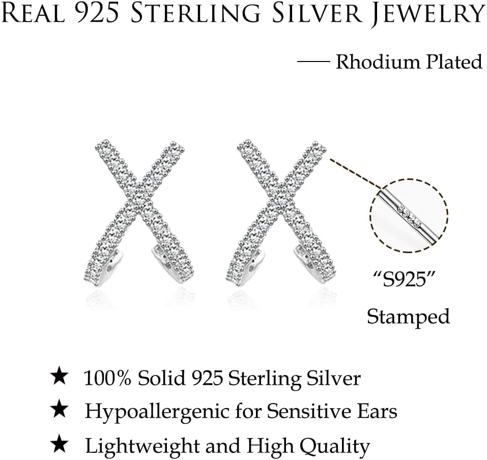 Reffeer Solid 925 Sterling Silver CZ Cuff Piercing Stud Earrings Wraps for Women Teens X Criss Cross Cuff Earrings Huggie Hoops