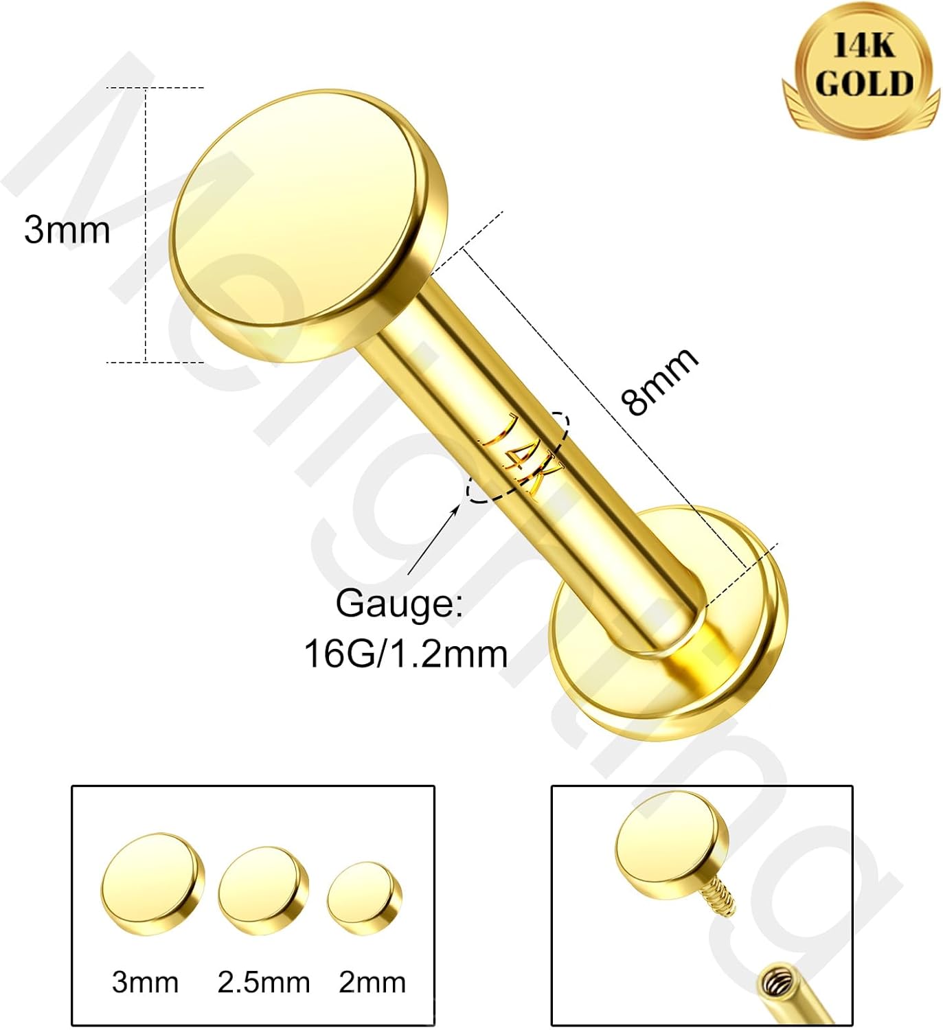 Melighting 14K Solid Gold Flat Back Cartilage Earring 16G Helix Piercing Jewelry Internally Threaded Labret 8mm - Image 5