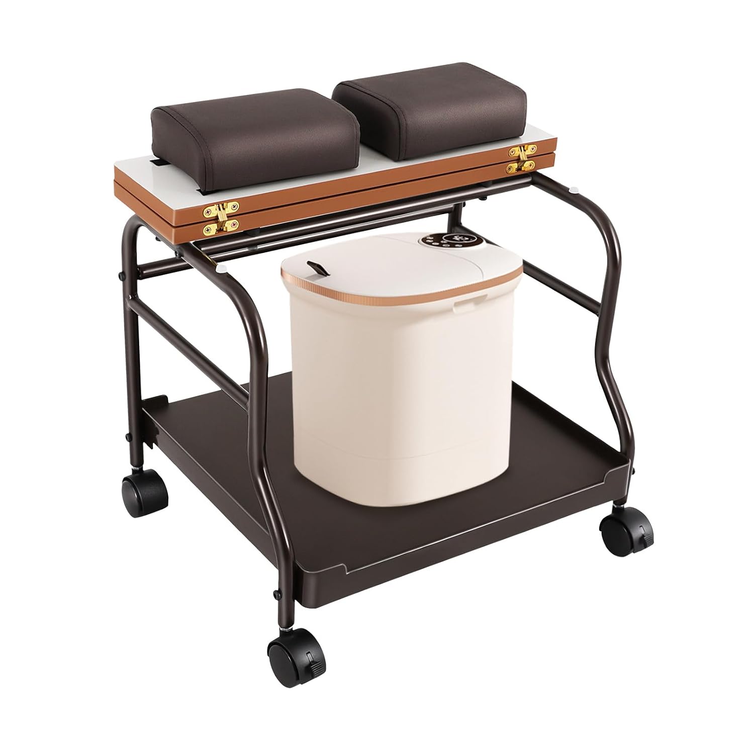 Pedicure Foot Rest, Pedicure Cart Foot Bath Trolley Portable Beauty Salon Nail Esthetician Trolley Cart Footrest Stand with Swivel Casters Foldable Top (Coffee)