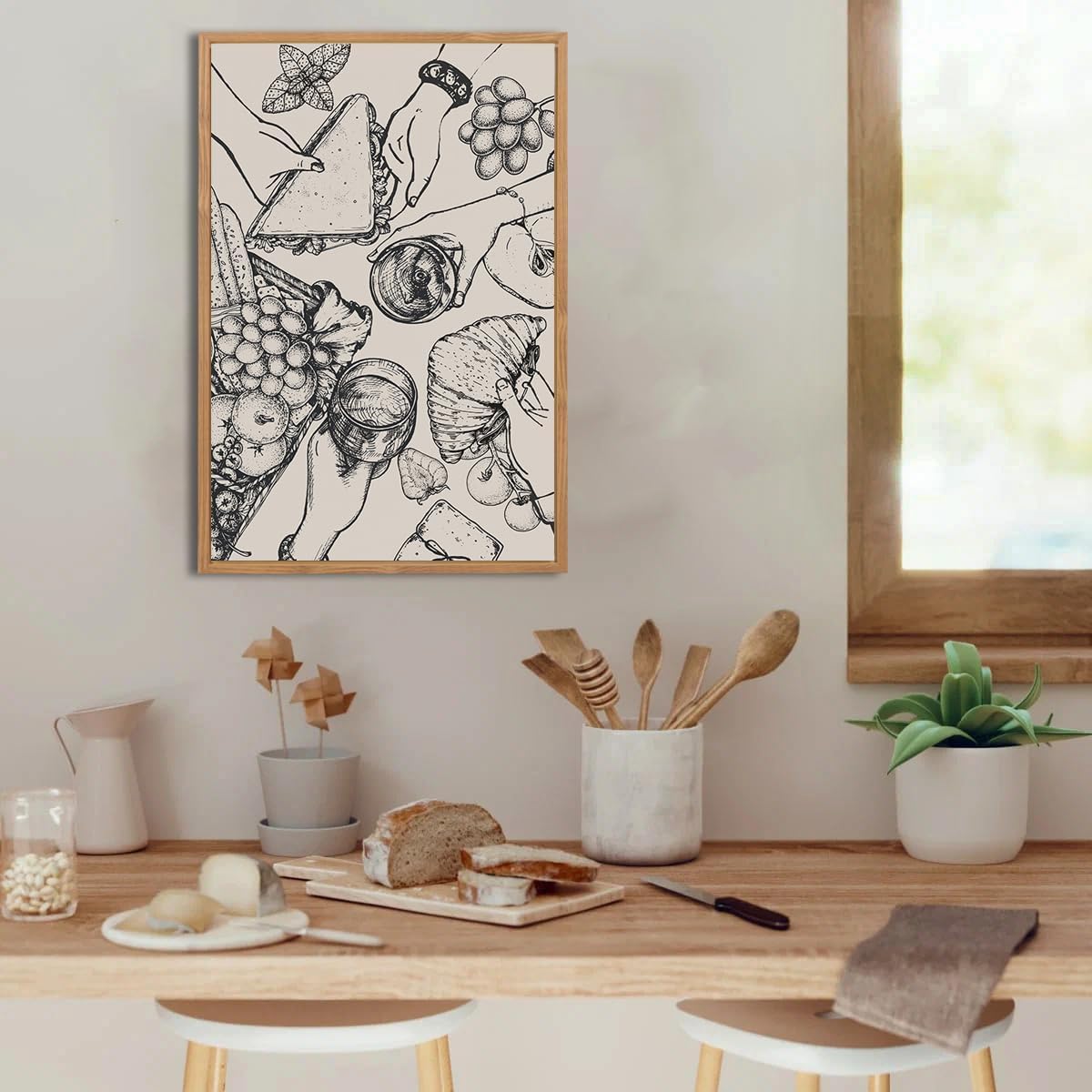 BINCUE BINCUE Pack of 3 Kitchen Wall Decoration, Beige Canvas Picture Food, Boho Abstract Kitchen Pictures, Food Wall Art, Abstract Friends Party Poster, Modern Art Prints Kitchen Dining Room Restaurant, 30 x 40 cm in use