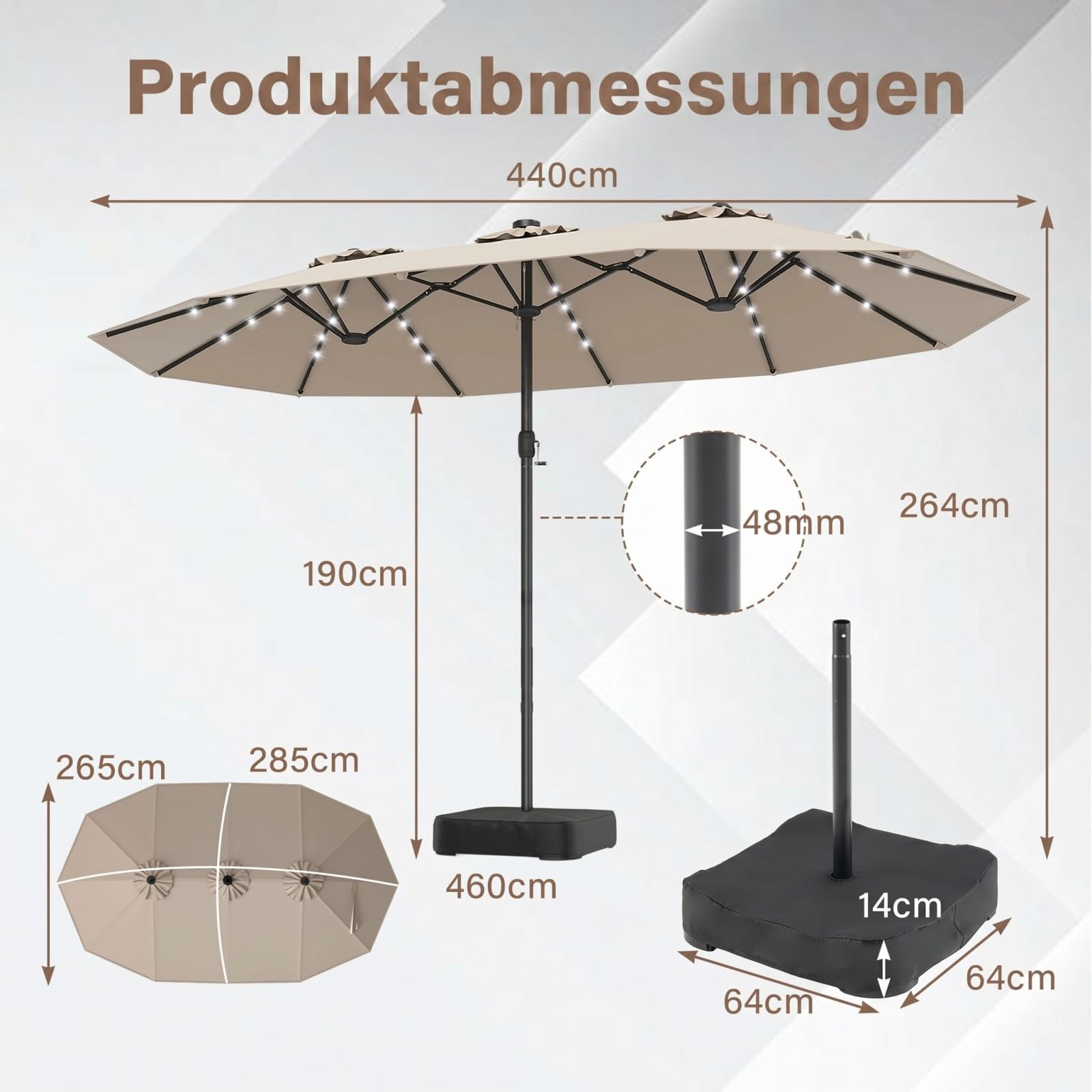 COSTWAY Doppelsonnenschirm mit Ständer und LED-Solar-Beleuchtung, 450 x 260 cm, Sonnenschirm Groß XXL, UPF 50+, Gartenschirm mit Kurbel, Terrassenschirm, Marktschirm für Garten, Terrasse, Beige