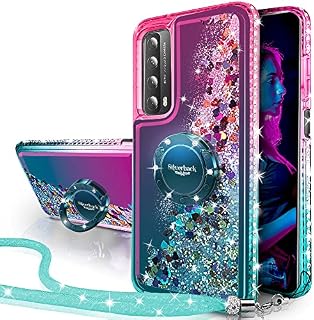 Silverback Miss Arts Compatible with Huawei P Smart 2021 Case, Moving Liquid Holographic Glitter Case With Kickstand, Girls Women Bling Diamond Ring Case for Huawei P Smart 2021 -Green