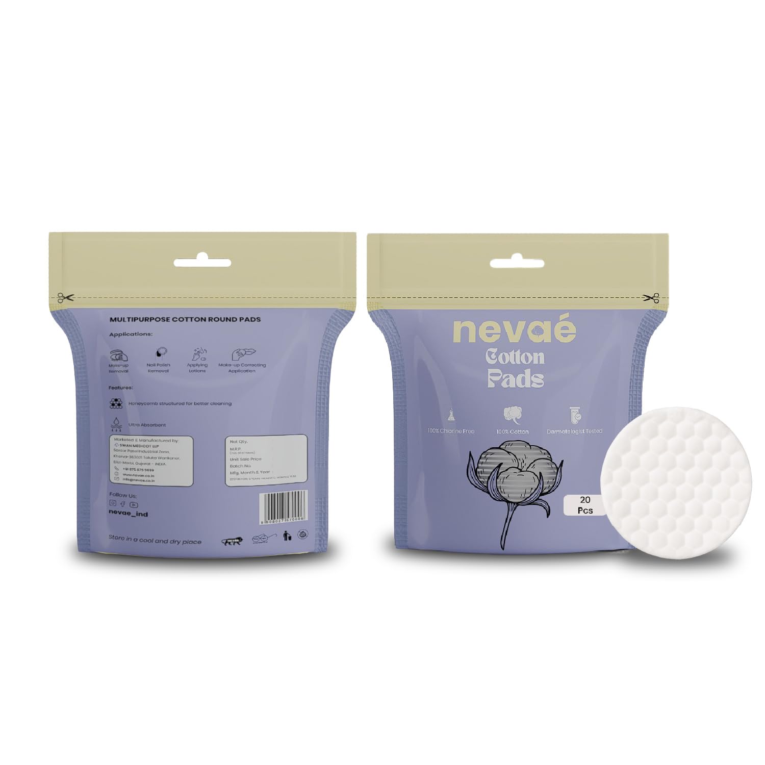 Nevae Pure Soft Round Cotton Pads for Face, Ziplock Bag | Ultra-Soft, Safe for Sensitive Skin & Chemical-Free | Double-Sided for Deep Face, Eye, & Nail Polish Removal and Cleansing | (20 Pcs x 2 Pack) | Ideal for Men & Women-picture-54