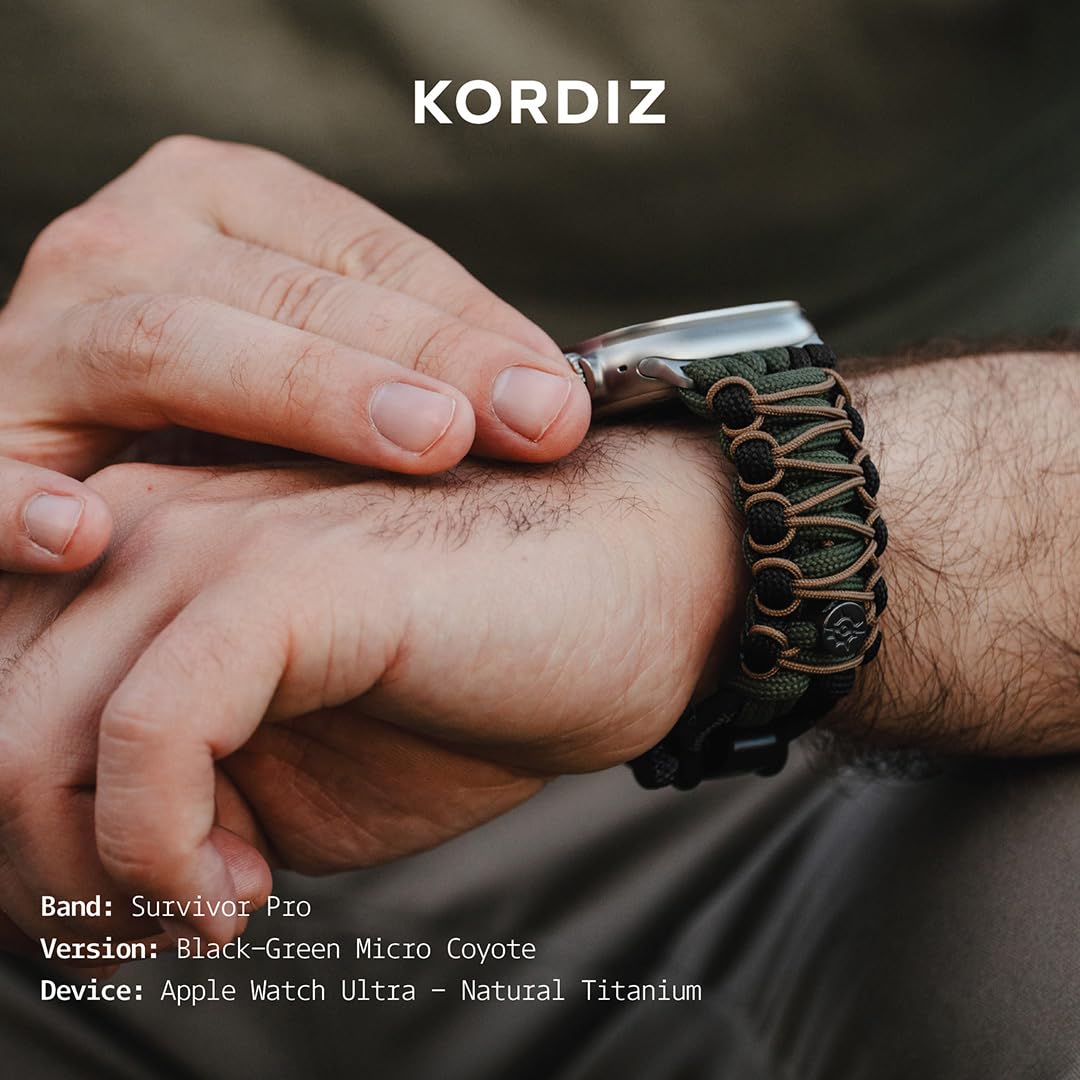 KORDIZ Survivor Pro pasek spadochronowy do Apple Watch Series Ultra i 9/8/7/6/5/4/3/2/1/SE, 49 mm, 45 mm, 44 mm, 42 mm, z regulowanym paskiem ze stali nierdzewnej